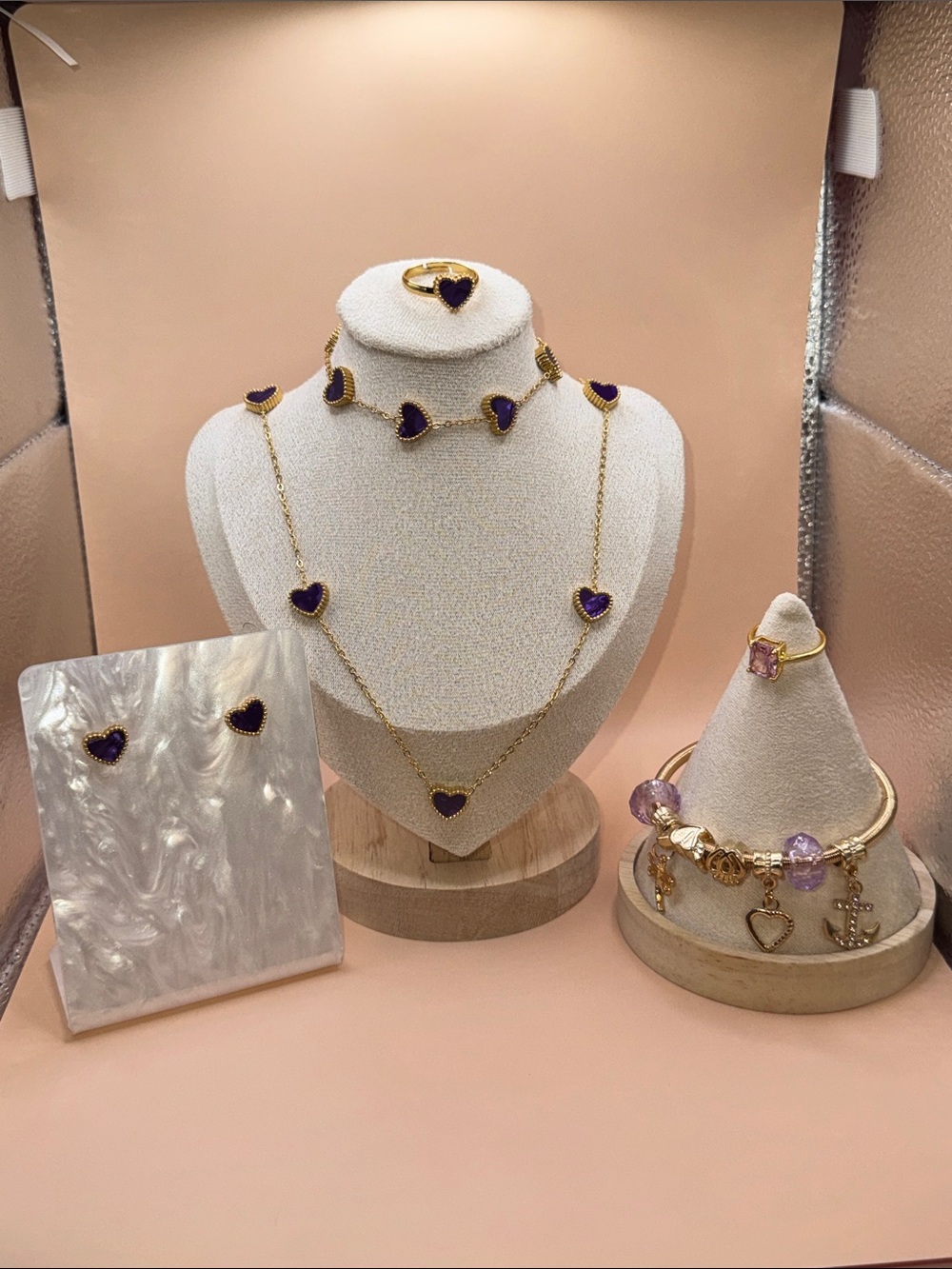 Gold-Tone Heart Necklace & Earring Set with Purple Enamel Hearts $35 St. Steel!!